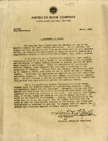 Photostat copy of statement of policy from American Book Company, publisher of McGuffey Readers, indicating that the company did not advocate use of the Readers as basal reading texts in schools.
