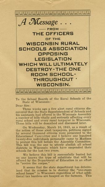 Pamphlet published by Wisconsin Rural Schools Association in opposition to proposed legislation dealing with one-room schools.
