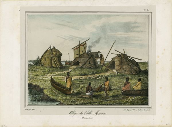 A Menominee village as depicted by Francois, Comte de Castelnau, a French naturalist and diplomat who visited the Green Bay area about 1838. The detailed, hand-colored lithograph appeared in his book, "Vues et Souvenirs de l'Amerique du Nord," which was published in Paris in 1842. Folle-Avoines is an early French name for the Menominee.