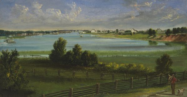 " . . . The first in their series was not an 'improvement' but a view of the Green Bay settlement, looking downstream. From a simulated rustic fence corner foreground they depicted the river, since spanned by a railroad bridge, sweeping past John Lawe's old warehouse and home near Porlier Street in old Astor Village. The left bank is lined with warehouses and low dwellings, one of which was undoubtedly the ancient Tank cottage, the oldest residence in the settlement." (Alice E. Smith, "The Fox River Valley in Paintings," <i>Wisconsin Magazine of History</i>, 51(2), winter 1967-1968, p, 139, 145, 146.)