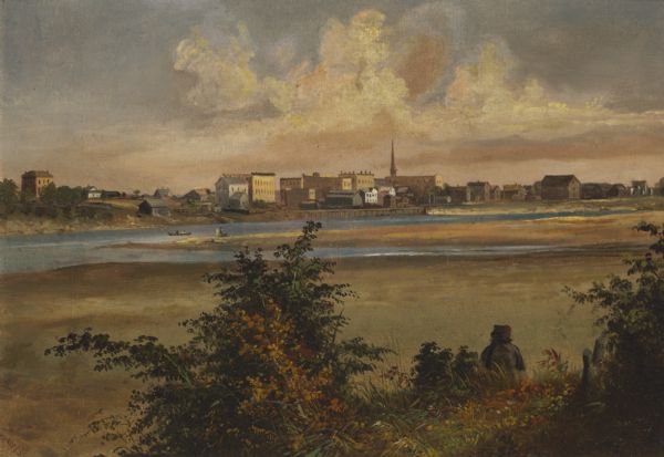 "After painting a number of Fox River scenes, "the artists continued their way to Fond du Lac, at the south end of Lake Winnebago, where they found some more subjects, and on September 28 they left for Portage. It was undoubtedly at this time that Brookes painted the final view shown for the series: a sketch of the Wisconsin River from the southwest showing the canal branching off across the river in a northeasterly direction and Portage City beyond." (Alice E. Smith, "The Fox River Valley in Paintings," <i>Wisconsin Magazine of History</i>, 51(2), winter 1967-1968, p, 139, 145, 149.)

