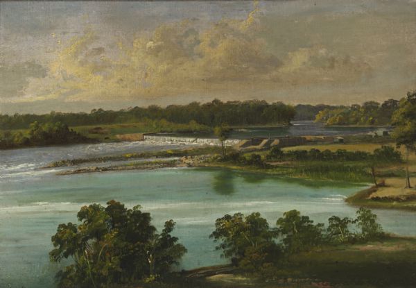 "Three views in a short space show the peaceful appearance of what is now a busy paper mills center....The third, another rural river scene, whose composition must have challenged the technical skill of the artists, is entitled 'Cedar Rapids.' The village of Kimberly has grown up around the damsite and, a short distance to the right, a marker now marks the spot where at the Treaty of the Cedars, twenty years before the era of Brookes and Stevenson, the Menominee Indians had signed away their claim to this fertile river area." (Alice E. Smith, "The Fox River Valley in Paintings," <i>Wisconsin Magazine of History</i>, 51(2), winter 1967-1968, p, 139, 145, 148.)


