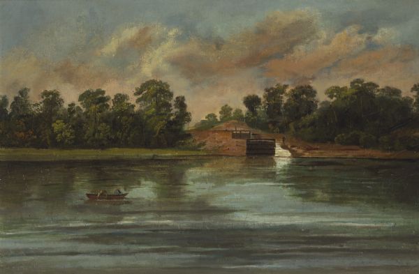 "Three views in a short space show the peaceful appearance of what is now a busy paper mills center. The first, a double lock around which the village of Combined Locks has sprung up, shows no habitation but the lock-tender's tiny dwelling." (Alice E. Smith, "The Fox River Valley in Paintings," <i>Wisconsin Magazine of History</i>, 51(2), winter 1967-1968, p, 139, 145, 148.)

