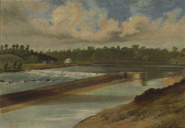 "The second view at the Kakalin, from the north side of the river, shows the first or guard lock in the foreground and beyond the dam the large frame building built for the Reverend Jesse Miner, missionary to the Stockbridge Indians in their short-lived tenure in what is now South Kaukauna." (Alice E. Smith, "The Fox River Valley in Paintings," Wisconsin Magazine of History, 51(2), winter 1967-1968, p, 139, 145, 148.)

