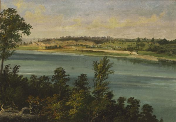 "At the Grand Kakalin where the river runs almost directly eastward, Brookes and Stevenson paused to paint two scenes. One was a broad landscape showing the river in the foreground, the island where Indians and French had buried their dead, and, in the canal which followed the old carrying trail, the fourth and fifth locks, with a steamer in the lower one. Shown dimly in the background against the rising hill were some dwellings, one of which, the Charles Grignon house, is still standing." (Alice E. Smith, "The Fox River Valley in Paintings," <i>Wisconsin Magazine of History</i>, 51(2), winter 1967-1968, p, 139, 145, 148.)

