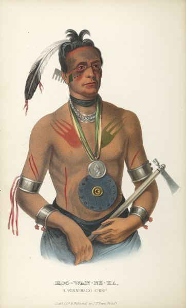 Hand-colored lithograph of Little Elk (Hoo-Wan-ne-ka), chief of the Ho-Chunk, as he appeared during an official visit to Washington, D.C. in 1824. This portrait appeared in the "History of the Indians of North American," published by Thomas McKenney and James Hall in 1849.