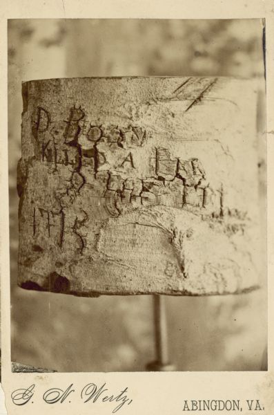 A piece of tree bark into which is carved the name D. Boon, as well as other words and numbers. The markings are thought to have been made by Daniel Boone. The beech tree has the inscription, "D. Boon killed a bar. 1775" carved into it. The tree was located up until the 1880s near Boon's Creek, Tennessee.