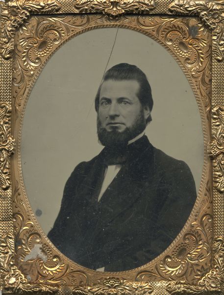 Quarter plate ambrotype. Waist-up seated studio portrait of Governor Louis P. Harvey (1820-1862), facing front with torso turned slightly left.