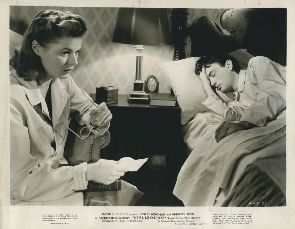 Movie still from the United Artists movie "Spellbound," featuring Ingrid Bergman (playing Dr. Constance Peterson) and Gregory Peck (playing John Ballantine).