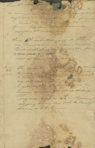 Document written by Ebenezer Brigham listing events at Fort Blue Mounds.