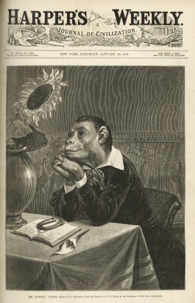 Cover image of  "Harper's Weekly" captioned "The Aesthetic Monkey" which depicts a monkey dressed in fine clothing, sitting at a table. He is resting his chin in his hands and is gazing at a sunflower in a vase. An book held open by a horseshoe, and a calla lily is on the table before him. This image may be an Oscar Wilde satire.