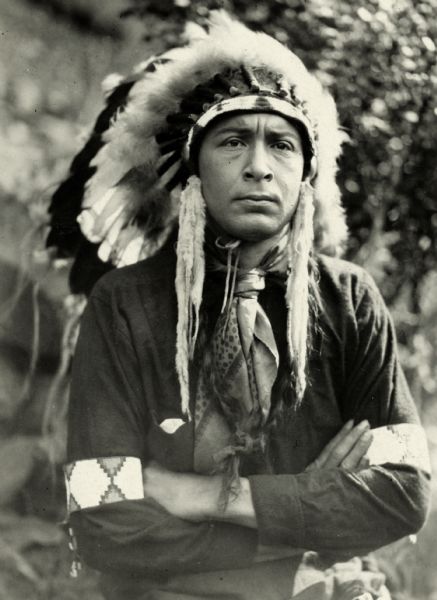 Publicity still from the silent film "The Goddess of Lost Lake," featuring Monte Blue playing an Indian chief.