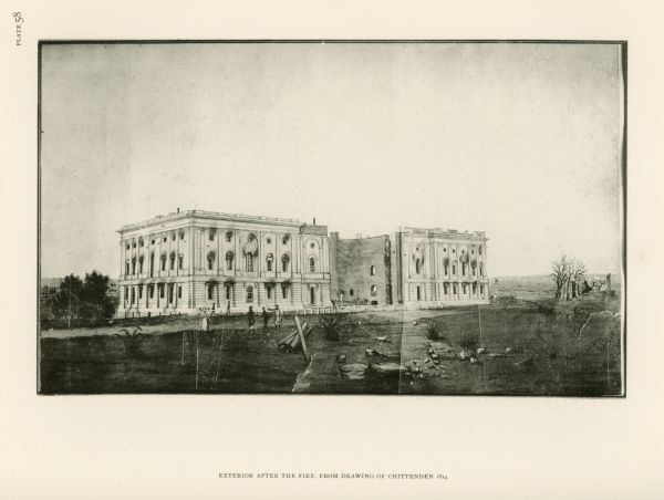 Exterior view of the U.S. Capitol building after the fire in August. The Federal building was burned by British forces during the War of 1812. In the foreground of the drawing are remnants from the fire and assorted building materials.