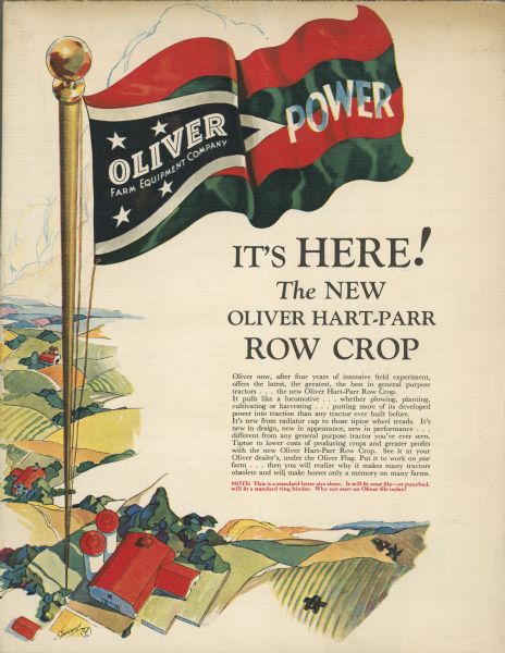 Front cover of an advertising booklet produced by the Oliver Farm Equipment Company to showcase the new Oliver Hart-Parr row crop. An illustration of rolling farmland with barns as seen from above borders a paragraph of descriptive text.