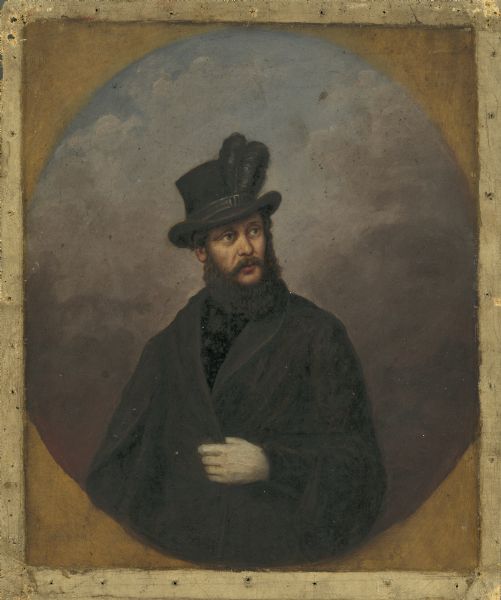 Oil painting portrait of a man. He is wearing an overcoat and dark top hat with two feathers in the hatband.<p>There is some confusion about the last name; it is either Ross or Kossuth.</p>
