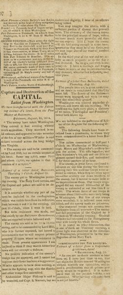 Newspaper article on the "Capture and Destruction of the Capital" relating information on the burning of Washington, D.C. on August 24, 1814. The city was burned by British troops after their victory at the Battle of Bladensburg during the War of 1812.
