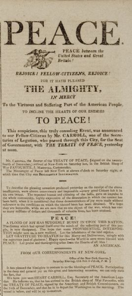 Newspaper article declaring peace between the United States and Great Britain at the end of the War of 1812.