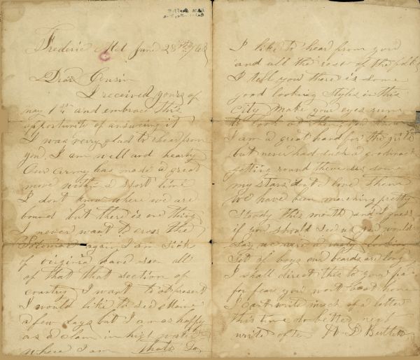 A letter written by W.D. Bartlett to his cousin describing life as a Civil War soldier.