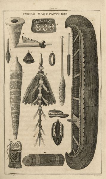 An illustration of items manufactured by Indians, including a canoe, two paddles, moccasins, rolled mat, pipe bowl, and a beaded bag.