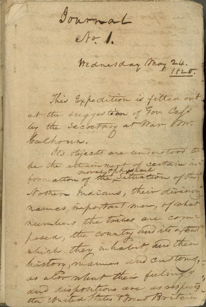 A page, headed with "Journal No. 1," of James Doty's journal of a trip with Cass, Schoolcraft, etc. to the sources of the Mississippi River.