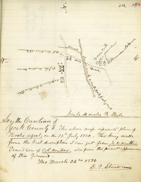 Hand-drawn map showing the place of Hook's defeat in York County in South Carolina.