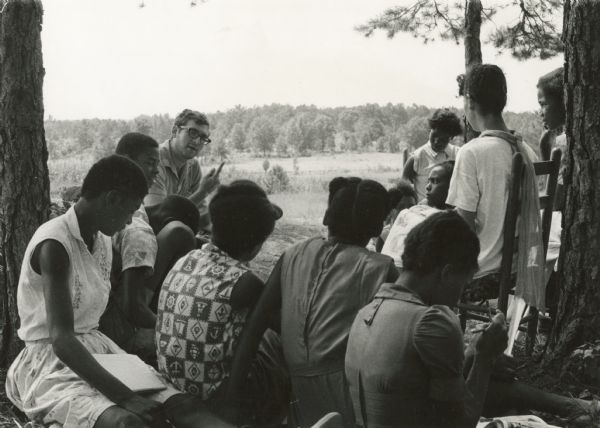 Students at Freedom School meet outdoors for class during Freedom Summer.