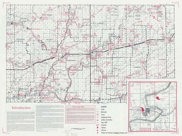 This map shows the locations of historic sites and points of interest in Rusk County, Wisconsin. A location key, descriptions of the historical importance of sites on the map, and an inset map of Ladysmith (labeled Flambeau Falls) and the surrounding area from an 1888 plat book are included. 
