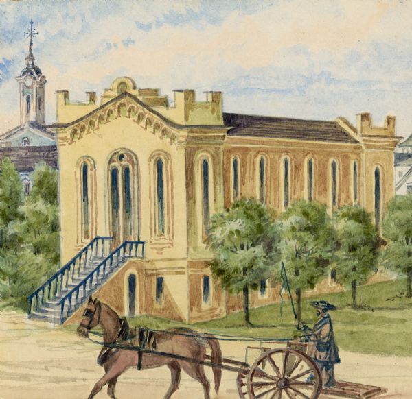 A view of the Synagogue with a one-horse carriage in the foreground. Hölzlhuber occupied the position of organist and choirmaster for this congregation until he departed for Europe in May 1860. 

Taken from Hölzlhuber's note on the scene, translated by Vera Kroner.