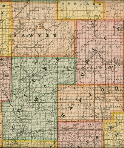 A detail of a Wisconsin map showing Sawyer, Chippewa and Price counties.