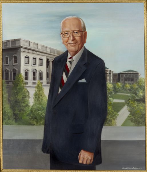 Robert Brady Lawrence Murphy was born on December 5, 1901 at 711 Langdon Street in Madison, Wisconsin. He received a B.A. (1929) and an M.A. (1930) in history from the University of Wisconsin in Madison. He earned his law degree at the university in 1932 and practiced law in Madison from that time on. Murphy served in the U.S. Navy during World War II (1943-1946). He spent a lifetime working on behalf of the State Historical Society of Wisconsin. He served on the Sociey's Board of Curators from 1948 to 1990 and held the office of president from 1958 to 1961. To provide financial support for the Society, he founded in 1954 the Wisconsin Historical Foundation, of which he served as member (1954-2001) and president (1960-1990). Murphy was known and loved by his friends for his gentlemanly demeanor and his lively wit. He died on September 11, 2001. This portrait of Murphy was painted by Benjamin D. McCready (1952- ) in 1993.