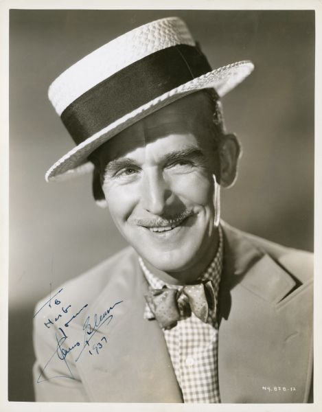 Signed publicity still of James Gleason, posing in a straw hat. Caption reads: James Gleason as he appears in the RKO Radio picture "Leander Clicks."