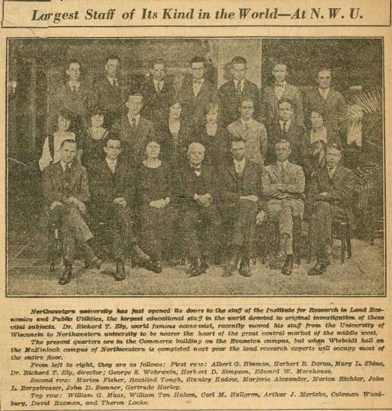 A newspaper article in the "Chicago Sunday" tribune titled "Largest Staff of Its Kind in the World — At N.W.U." featuring a photograph of Richard Ely and his staff.