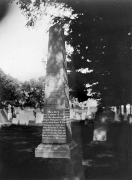 A large tombstone marking the grave of Tabitha Burgoyne Bird, the daughter of Major Burgoyne, a surgeon in the English army.