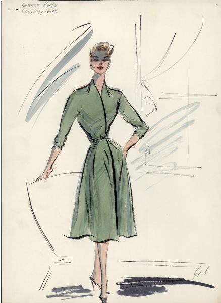 Costume sketch for Grace Kelly's character in the film "Country Girl" done by Edith Head. The dress is green with a belt at the waist.