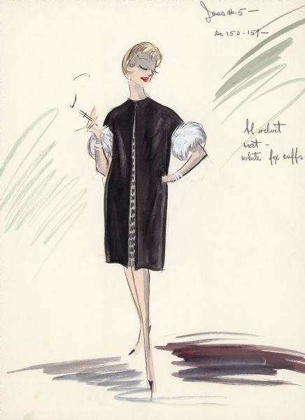 Costume sketch by Edith Head for Stella Stevens' character Jess Polanski in the film "Too Late Blues."  The dress is black velvet with white fox cuffs.