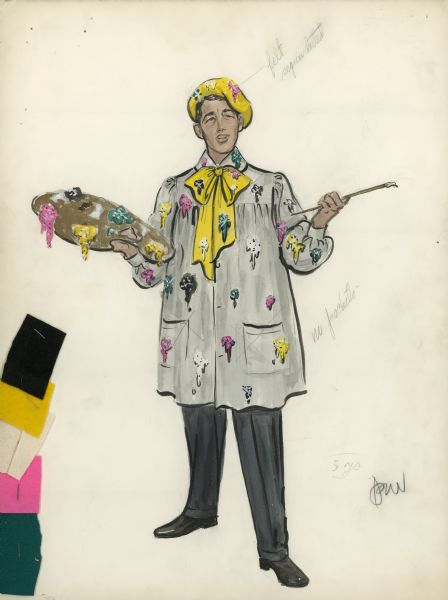 Sketch for a costume for Dean Martin in the film "Artists and Models" done by Edith Head. The costume is a painter's smock worn with pants and includes a large yellow bow and beret. The sketch is on a board and includes fabric samples.