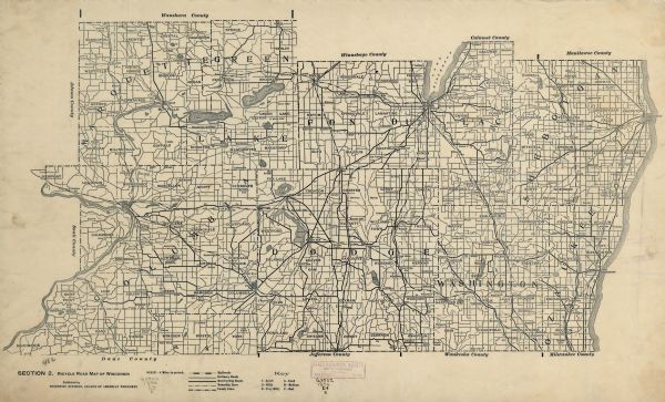 Section 2 of 12, this bicycle road map features Wisconsin bicycle routes in the counties of Marquette, Green Lake, Columbia, Fond Du Lac, Dodge, Washington, Sheboygan, and Oxaukee.