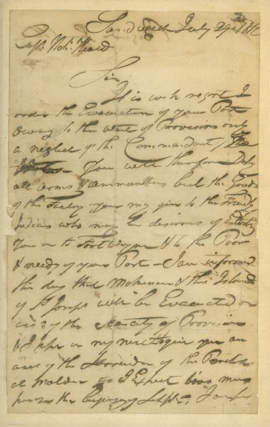 A handwritten order to evacuate Ft. Dearborn.