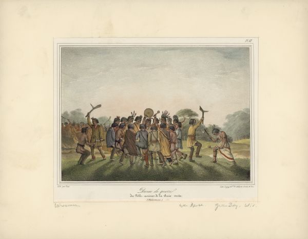 Menominee war dance, as depicted by Francois, Comte de Castelnau, a French naturalist and diplomat who visited Green Bay, Wisconsin about 1838. This detailed hand-colored lithograph appeared in his book, "Vues et Souvenirs d'Amerique du Nord," which was published in Paris in 1842.