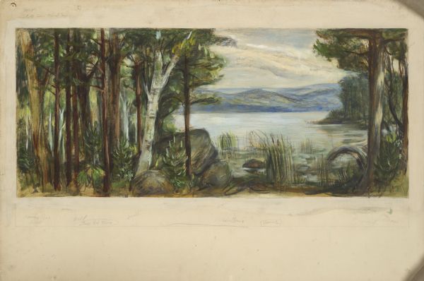 Prior to the 1948 State Fair, artist Robert Hodgell traveled Wisconsin to study its many landscapes. He then produced a series of study sketches outlining the mural compositions. This is one of his original study sketches. The final mural canvas has not been found.

The final canvas depicted Wisconsin’s natural resources — trees, water, and wooded hills — as they looked before major settlement significantly altered the landscape.

