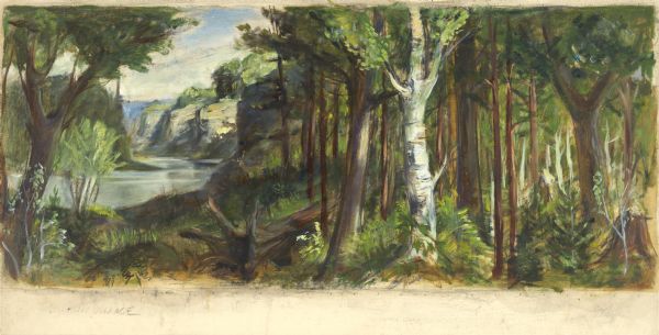 Prior to the 1948 State Fair, artist Robert Hodgell traveled Wisconsin to study its many landscapes. He then produced a series of study sketches outlining the mural compositions. This is one of his original study sketches.

The final canvas depicts Wisconsin’s natural resources — trees, water, exposed bluffs and wooded hills. A neatly cut stump is the first indication of man's impact on the land.
