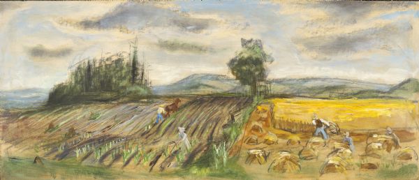 Prior to the 1948 State Fair, artist Robert Hodgell traveled Wisconsin to study its many landscapes. He then produced a series of study sketches outlining the mural compositions. This is one of his original study sketches.<p>The final canvas illustrates a family of pioneers working in a cornfield. A man tends to a horse-drawn cultivator. Another man uses a cradle scythe to cut wheat, while others bundle and tie loose piles of cut wheat into sheaves.
