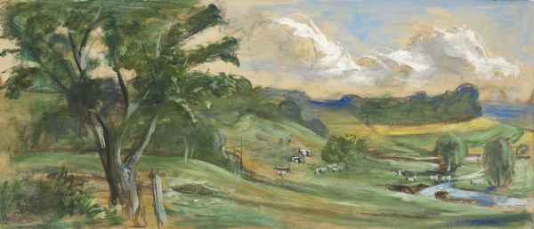 Prior to the 1948 State Fair, artist Robert Hodgell traveled Wisconsin to study its many landscapes. He then produced a series of study sketches outlining the mural compositions. This is one of his original study sketches. The final mural canvas has not been found.

The final canvas introduced the concept that, by 1948, dairy farming was becoming the major agricultural industry in Wisconsin.