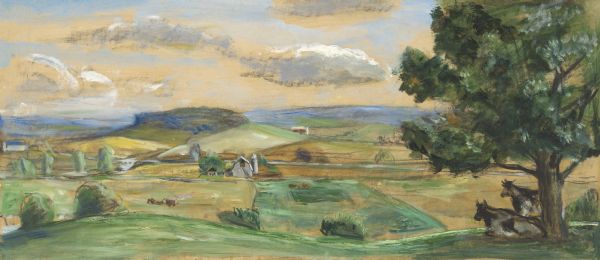 Prior to the 1948 State Fair, artist Robert Hodgell traveled Wisconsin to study its many landscapes. He then produced a series of study sketches outlining the mural compositions. This is one of his original study sketches. The final mural canvas has not been found.

The final canvas presented the landscape fully engaged in agricultural production.