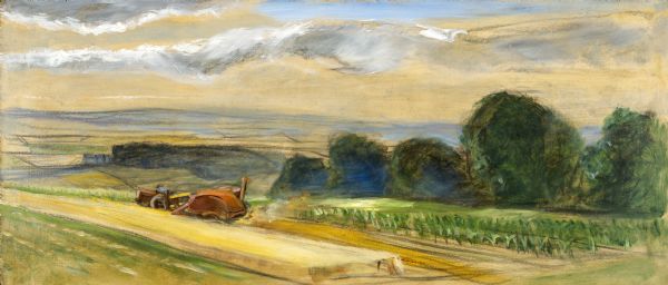 Prior to the 1948 State Fair, artist Robert Hodgell traveled Wisconsin to study its many landscapes. He then produced a series of study sketches outlining the mural compositions. This is one of his original study sketches.

This scene shows a farmer harvesting oats with a pull-behind combine. It also includes a vintage commercial airplane flying low over the Wisconsin countryside.
