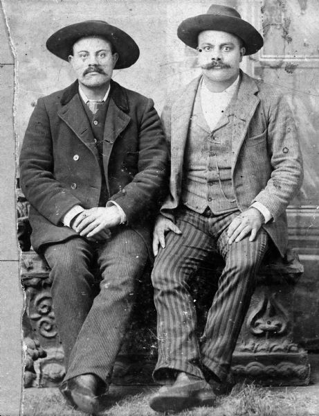 Studio portrait of Shard and Sherman Waldon, twin brothers from the Cheyenne Valley settlement.