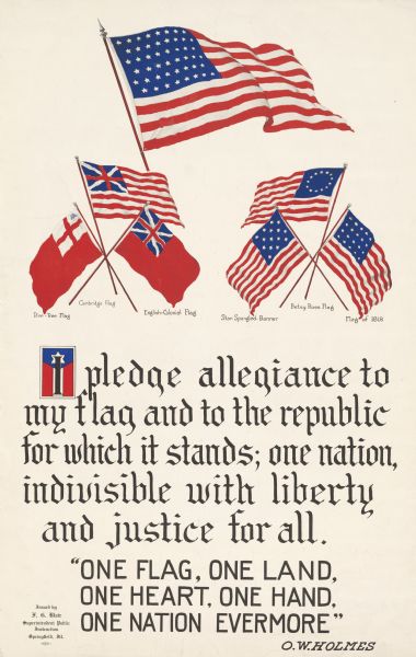 Images of American and British flags illustrate the Pledge of Allegiance, originally composed by Francis Bellamy, as well as a quote from Oliver Wendell Holmes's poem: "Voyage Of The Good Ship Union".