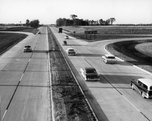 Elevated view of a newly opened divided four lane highway.