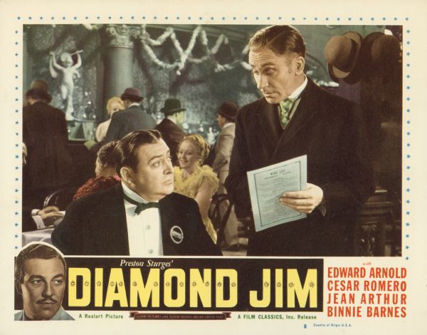 Lobby card for the 1935 Realart film "Diamond Jim," featuring a still image of Edward Arnold as Diamond Jim at a restaurant, and a smaller image of Cesar Romero as Jerry Richardson.