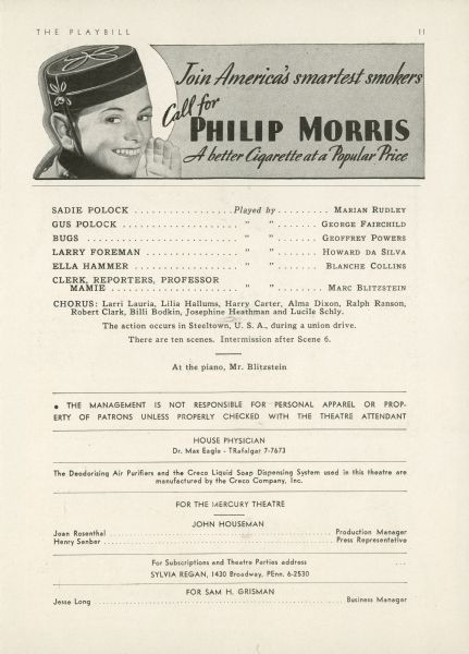 Page eleven of the playbill for the performances of The Cradle Will Rock at the Windsor Theatre. Page eleven includes more of the cast list and an advertisement for Philip Morris cigarettes.